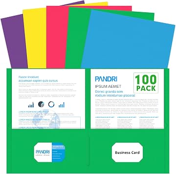 PANDRI Two Pocket Folders, Paper Folders with Pockets, 100 Pack, 5 Colors