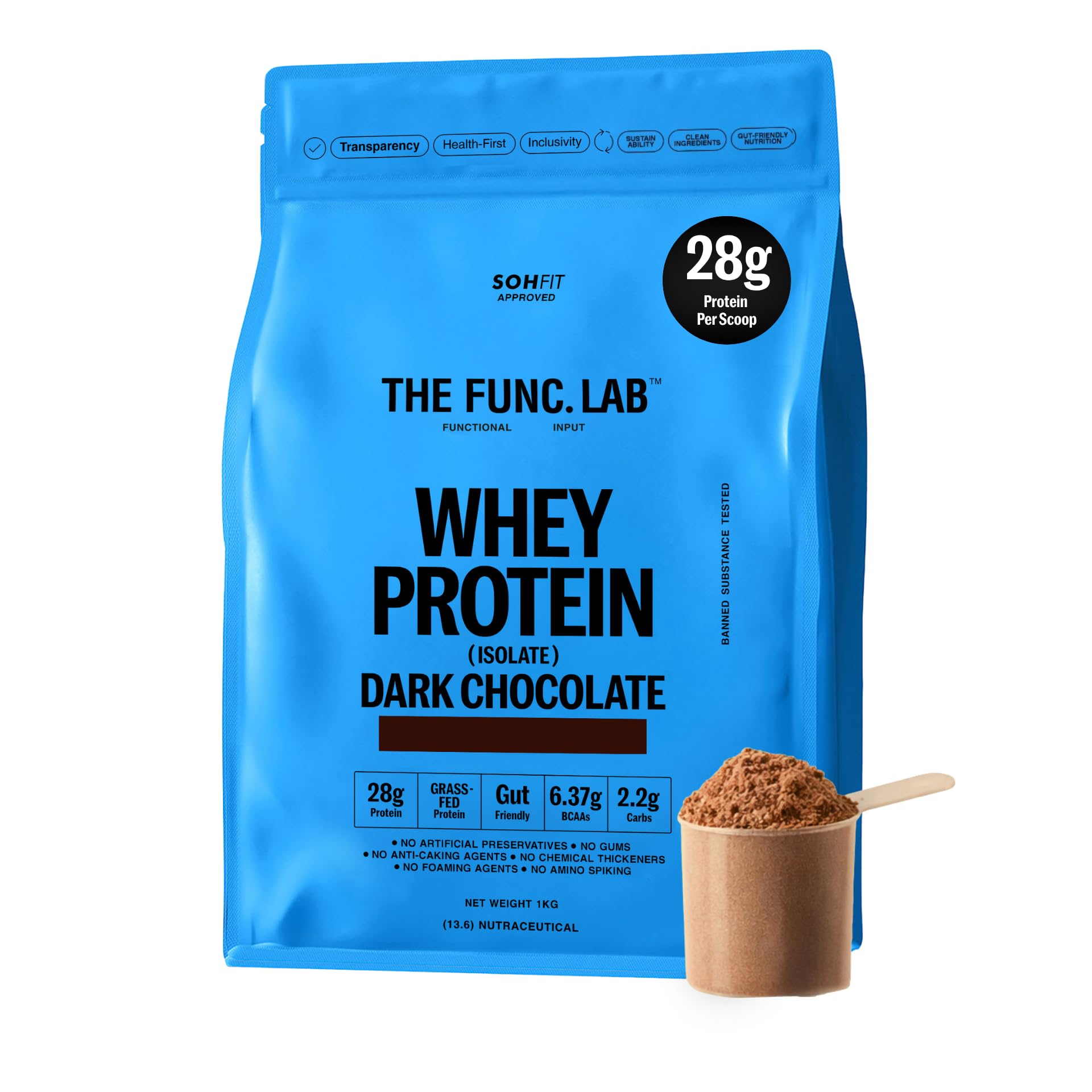 The Func. Lab Whey Protein Isolate - Dark Chocolate | 1kg | Grass‑Fed, 28g Protein, 6.37g BCAA per Scoop | High Protein Supplement for Muscle Growth, Digestion and Absorption Support-image-40