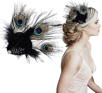 Peacock Feather Hair Clip Feather Fascinator Pearl Crystals Hairpin for 1920s Costume Halloween Cosplay Party Elegant Peacock Flapper Fascinator Hair Accessories for Women Girls