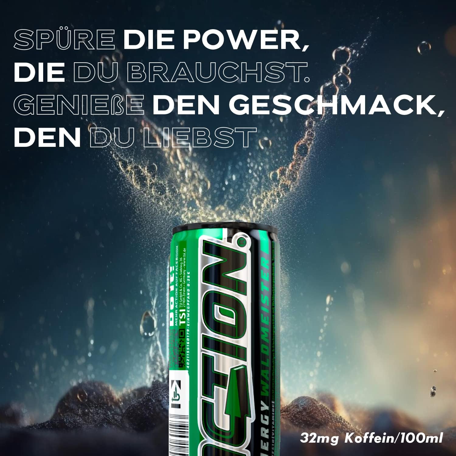 ACT!ON Action Energy Drink Waldmeister (48 x 250 ml) incluye depósito – Refresco con sabor a madera – patata energética con mayor contenido de cafeína 32 mg/100 ml de cafeína para mejorar el enfoque