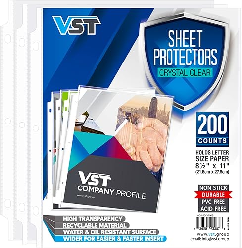 VST Protectores de hojas de 8.5 x 11 pulgadas para carpeta de 3 anillas, protectores de página transparentes con fundas de plástico de peso medio,