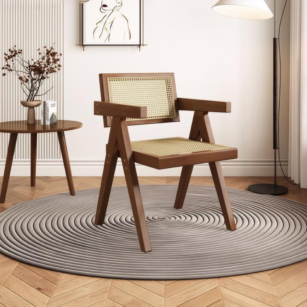 Modern Mid Century Dining Chairs Set of 2, Rattan Accent Chairs, Comfy Armchairs, Outdoor Wood Chairs with Armrest for Bedroom Living Room Reading Room Dining Kitchen, Brown