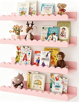 Shario Nursery Book Shelves, 4-Pack White Floating Shelves for Wall Kids, Scalloped Shelves, Wall Book Shelves for Bedroom Kids, Toddler Room, Baby Room, Nursery DecorPink, 16.5 Inches