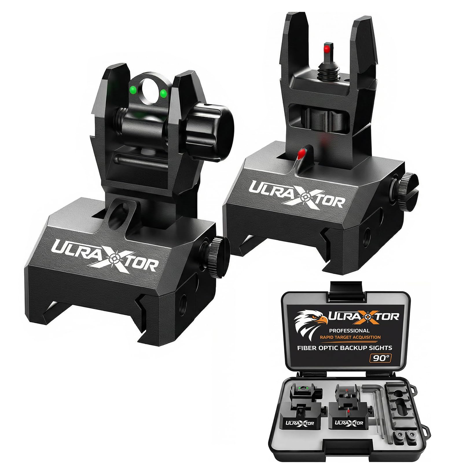 Upgraded Fiber Optic Flip Up Iron Sight Set for Picatinny Rail | Low Profile Front & Rear Backup Sights with Red/Green Fiber Dots & Base Fiber Reference | Tool-Free Adjustable Rear Sight