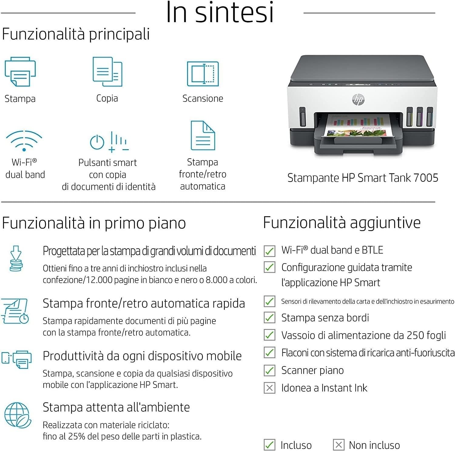 HP Smart Tank Plus 7005 AiO Stampante Serbatoio Ricaricabile Multifunzione a Colori Wi-Fi Fronte e Retro Automatica Bianca