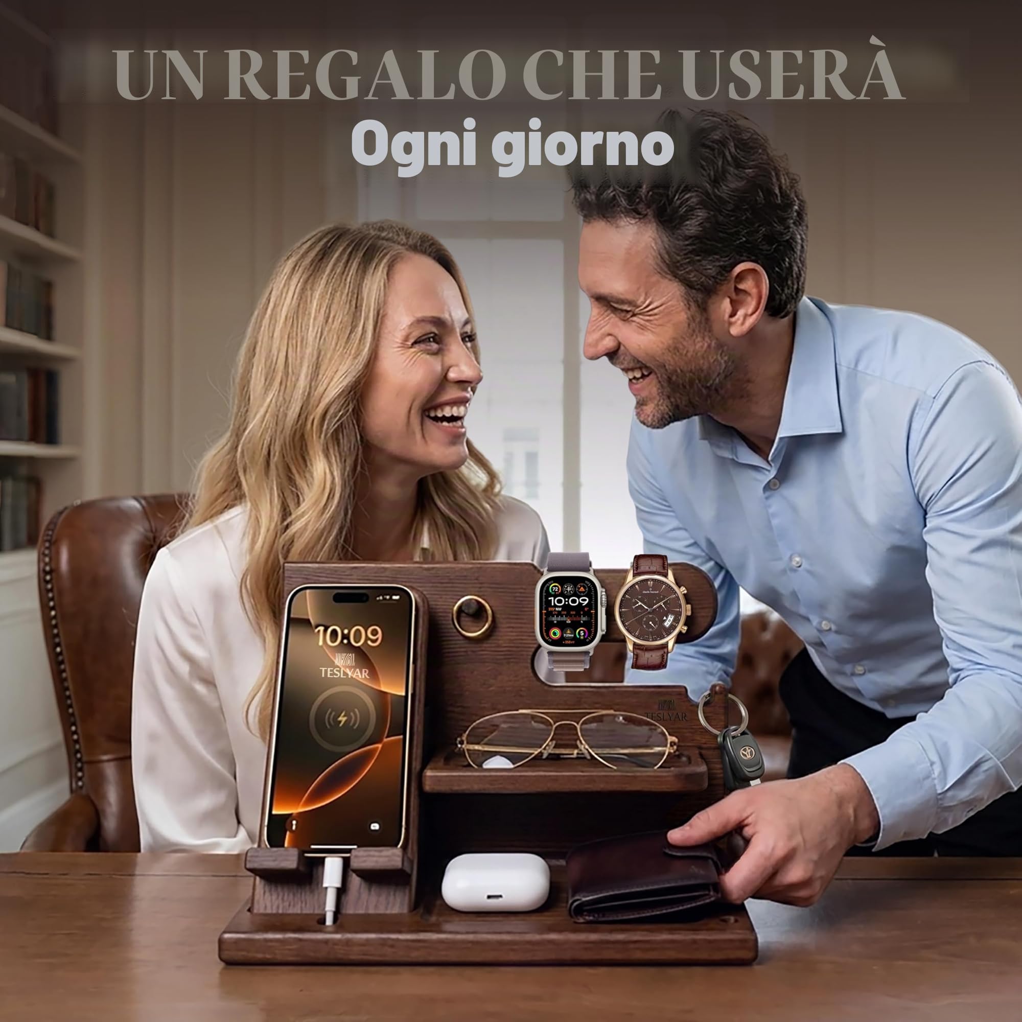Teslyar Docking Station in Legno Massello di Frassino, Organizer da Comodino per Smartphone, Orologio, Portafoglio | Idea Regalo Uomo/Donna per Natale, Marito, Moglie, Papà (Marrone)