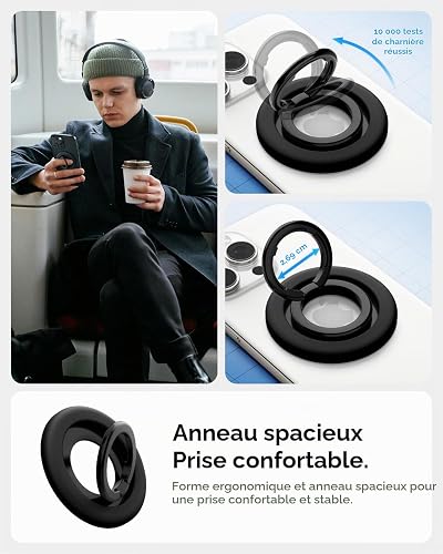 Spigen NanoPop MagFit Anneau [Support à Charnière Rotative] Poignées Téléphone Magnétique Compatible avec iPhone 17 16 15 14 13 Pro et Coque MagSafe/Pixelsnap pour Samsung S26 S25, Pixel 10 10a - Noir - 3