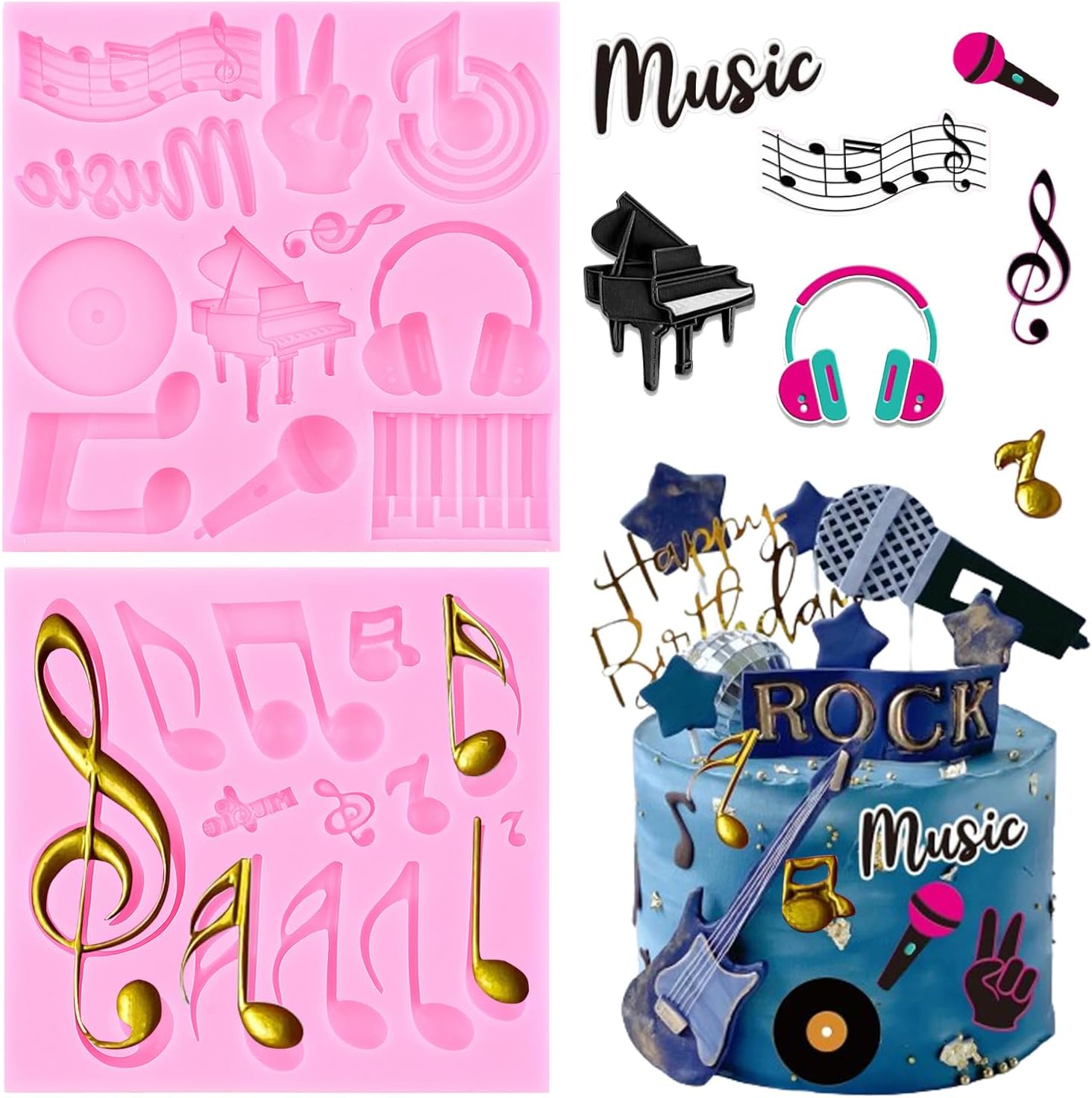 ZiXiang Music Theme Fondant Mold Musical Notes Piano Silicone Molds Musical Keyboard Microphone Molds Music Notes Lace Mat For Sugar Cake Decorating Cupcake Topper Candy Chocolate Gum Paste Set Of 2