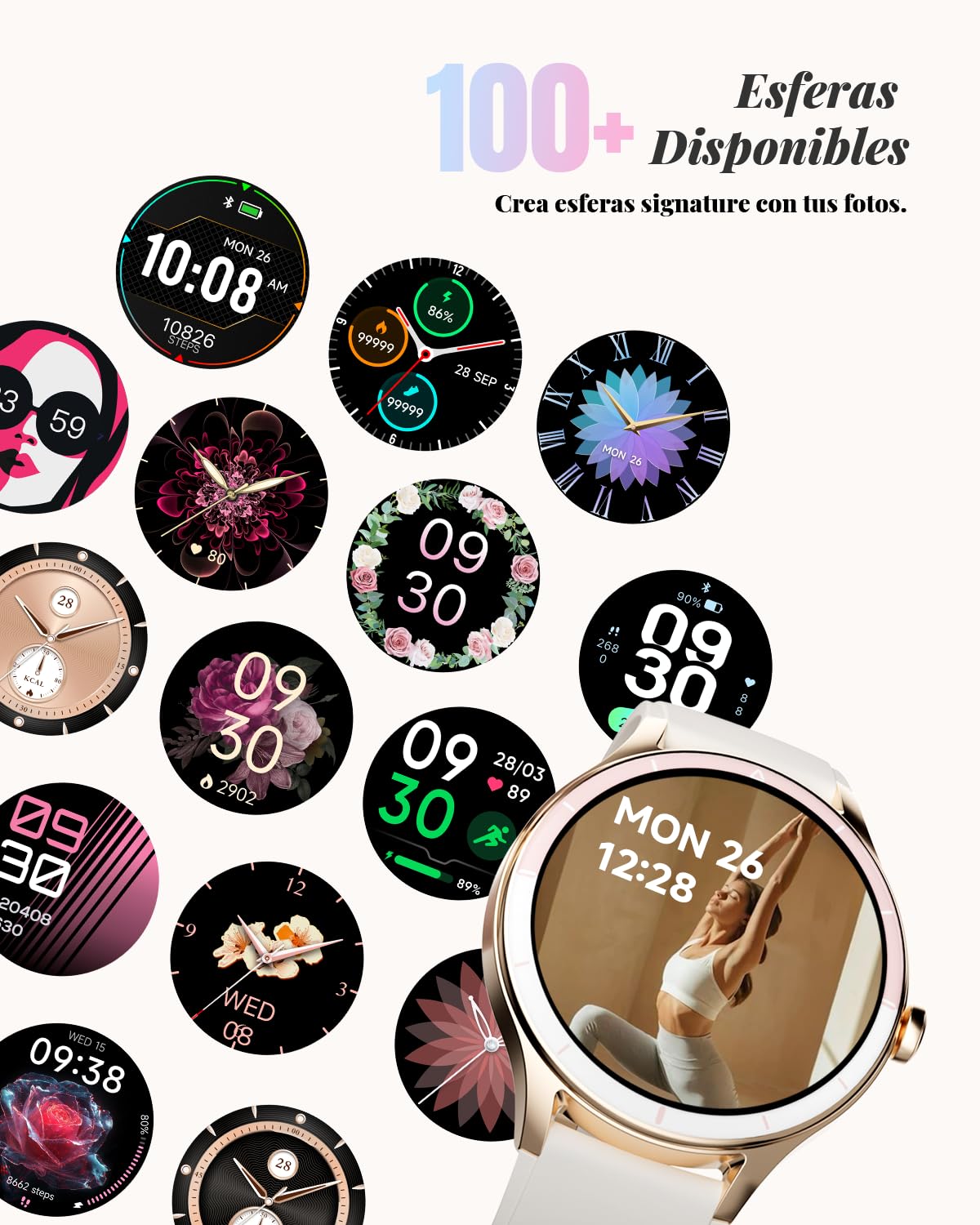 TOOBUR Reloj Inteligente Mujer Redondo, 40 mm Smartwatch Deportivo, Reloj Contador de Pasos Calorias, Compatible Android iOS, Responder Hacer Llamadas, Reloj Mujer Salud, IP68 Waterproof, Beige