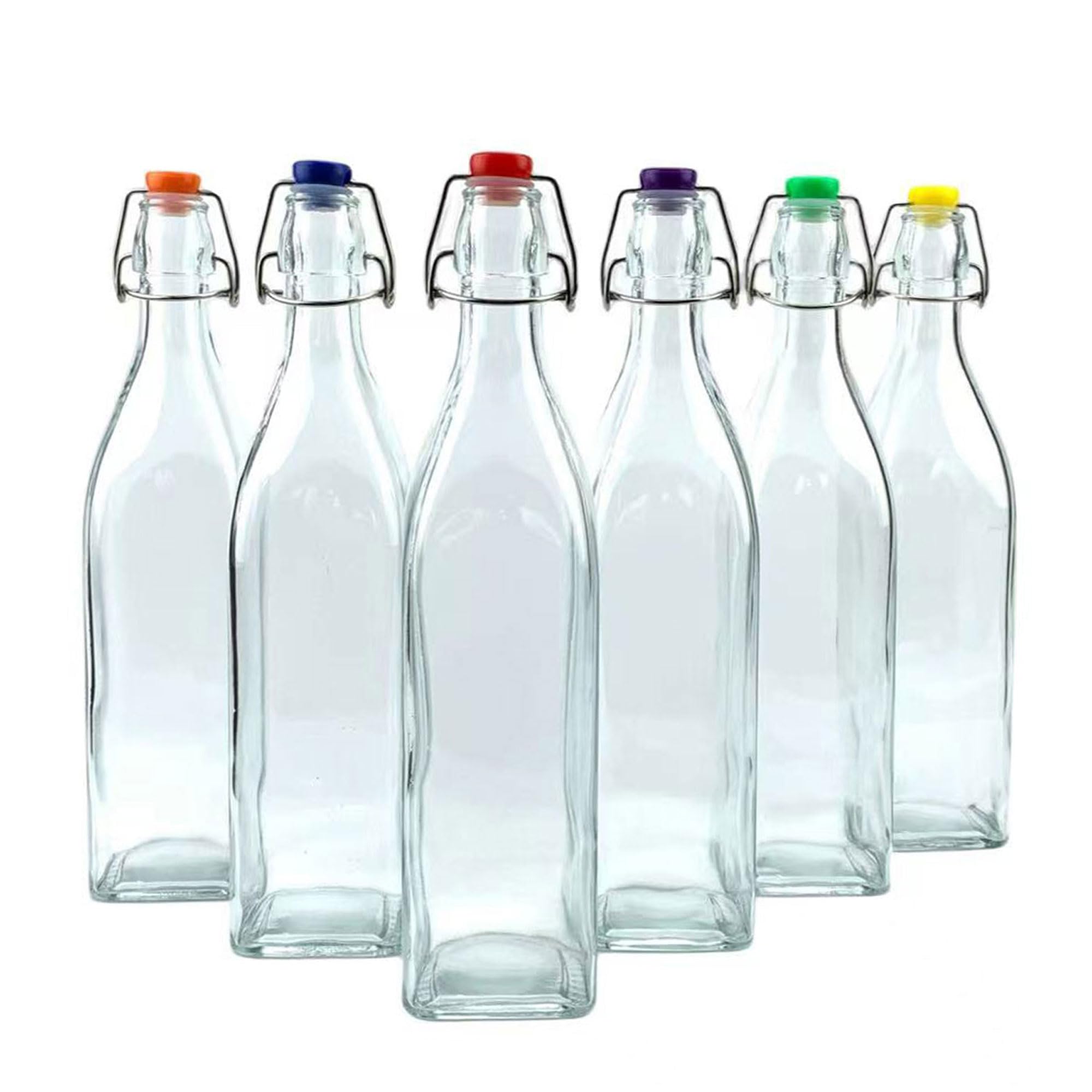 Lucente 1L Vintage Style Clear Square Shaped Bottles with Assorted Colour Swing Top Lids