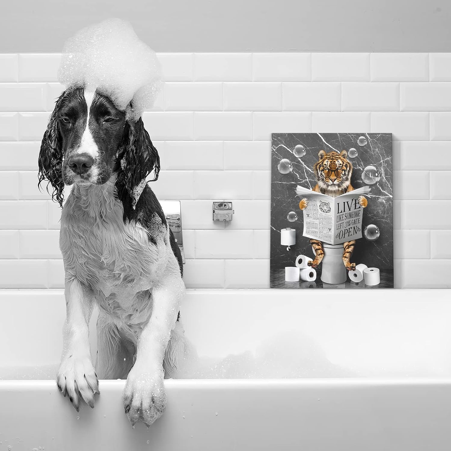 Kasluolo Tiger Bathroom Wall Art - Funny Toilet Poster, Black and White Tiger Picture, 12x16 inch Framed Artwork