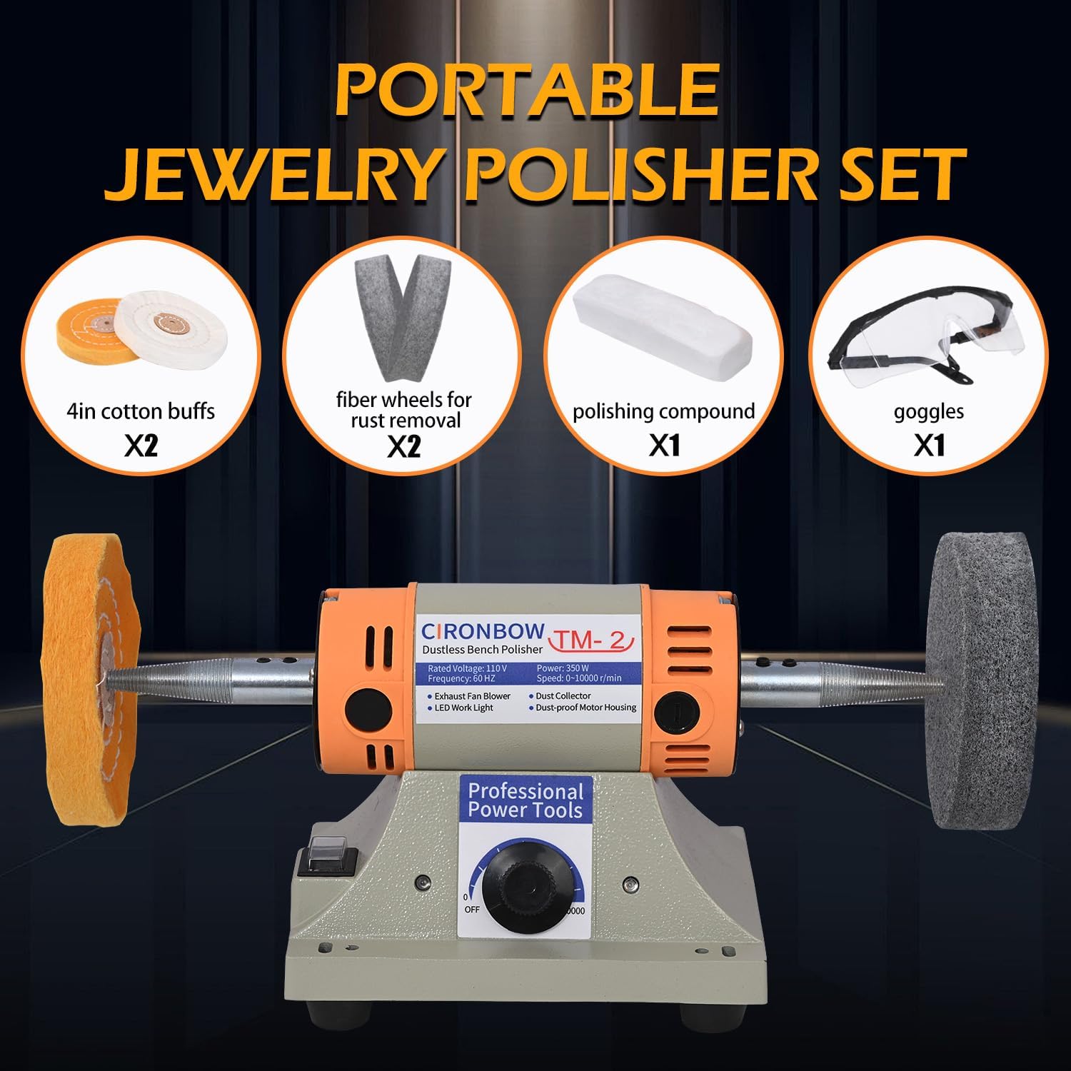 4" Jewelry Polisher- Adjustable Variable Speed Grinder Machine, Dental Buffer & Lathe- Includes 2 Cloth Wheels & 2 Abrasive Wheels, Safety Glasses & Compound