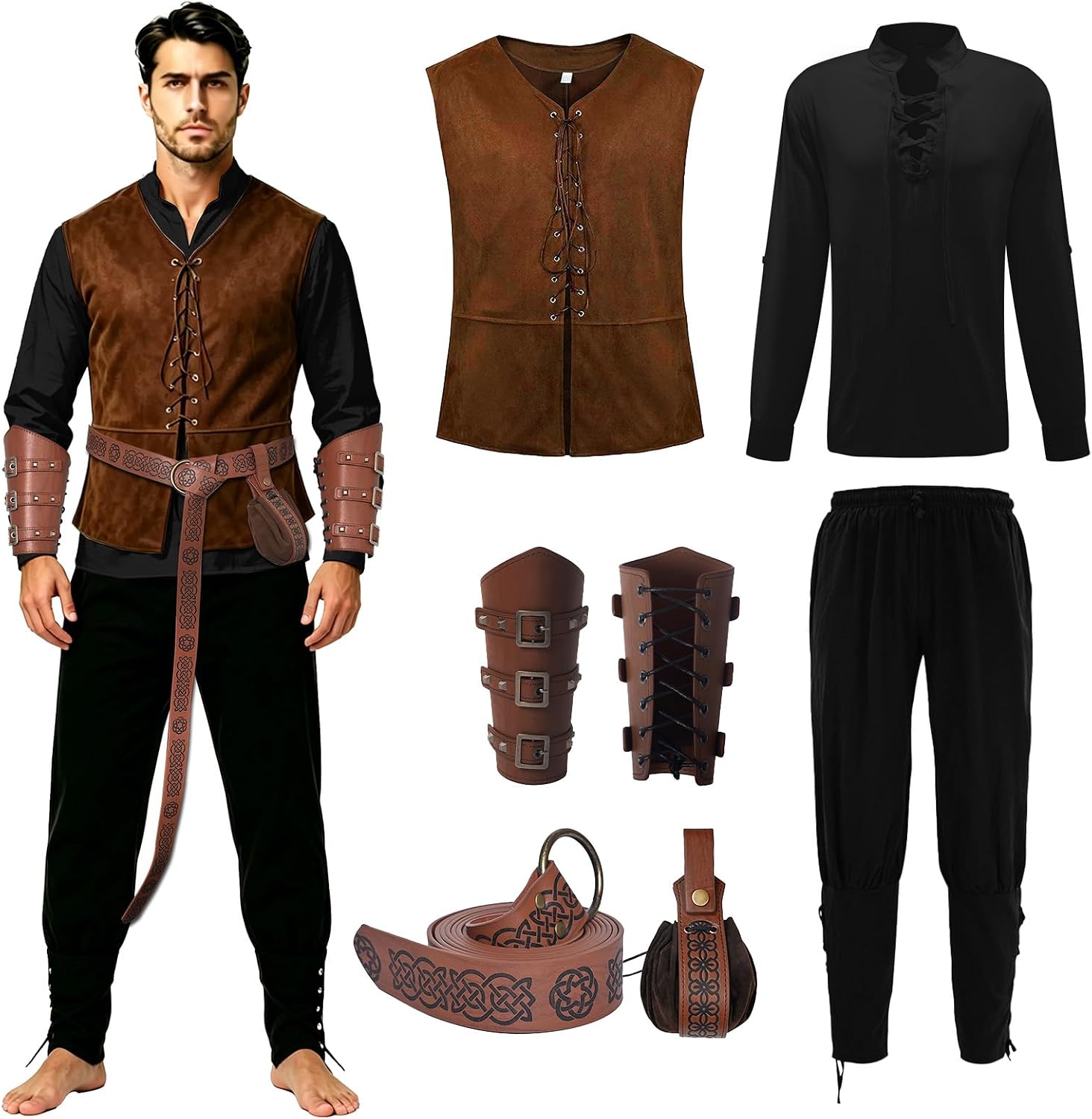7 Pcs Men's Renaissance Costume Halloween Medieval Pirate Shirt Vest Pant Viking Costume Accessories Set