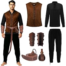 7 Pcs Men's Renaissance Costume Halloween Medieval Pirate Shirt Vest Pant Viking Costume Accessories Set Brown Black, XX-Large