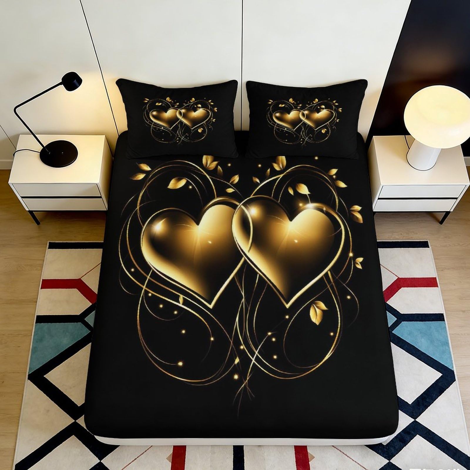 3D Printed Golden Heart Fitted Sheet Microfiber Black Romantic Bed Cover for Bedroom Guest Room Mattress Decor 90x200x25cm