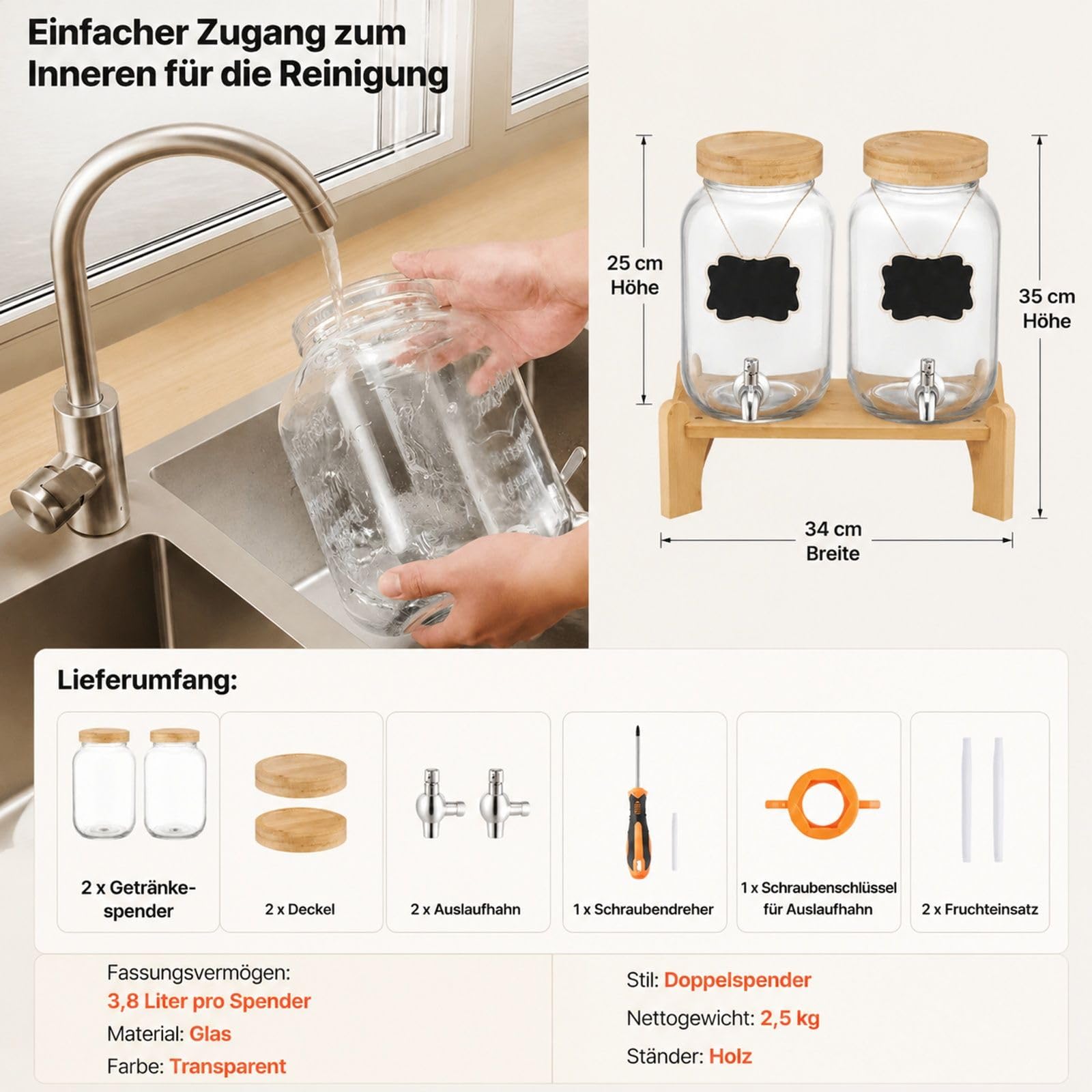 Getränkespender aus Glas 2 Stück, je 3,8 L, mit Zapfhahn und Ständer, für Saft, Kaffee, Partys und Bars
