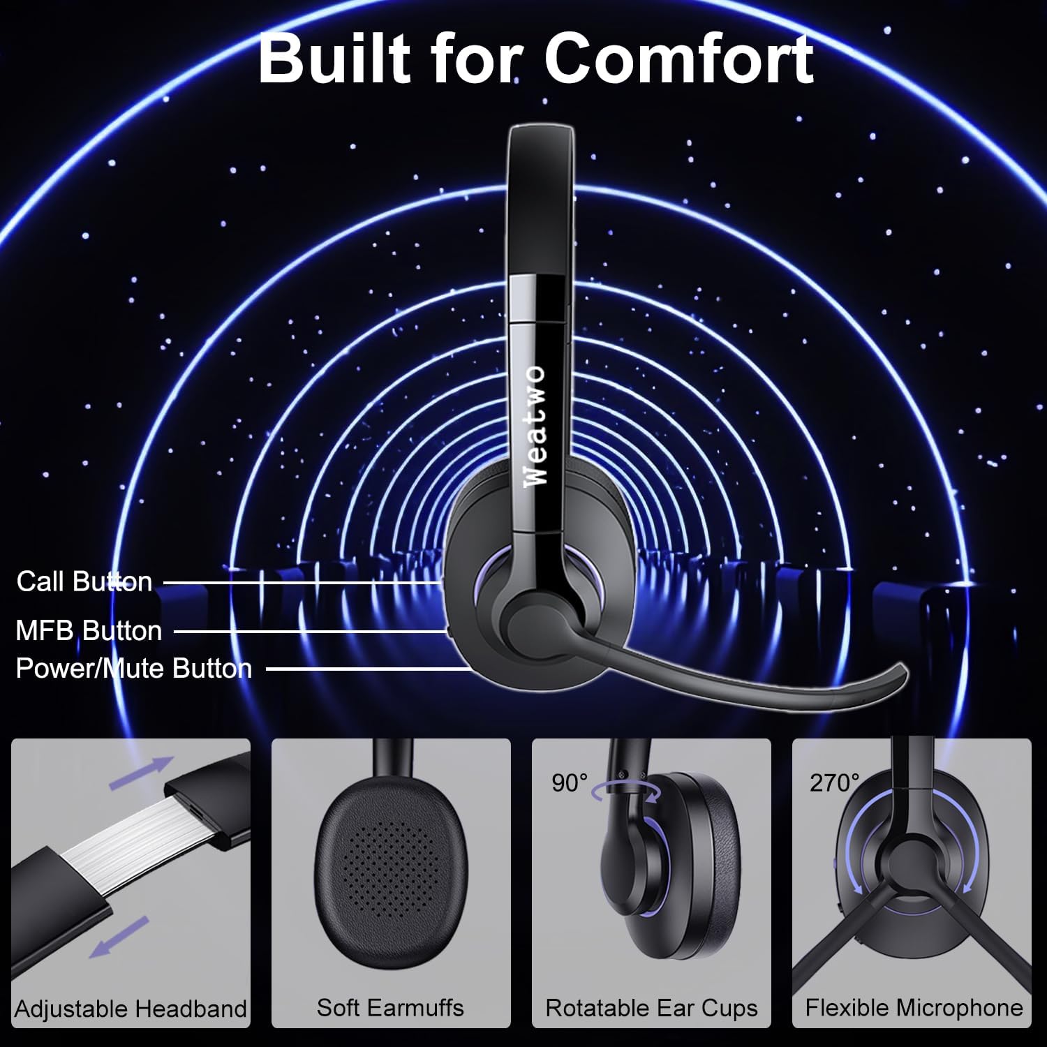 Wireless Bluetooth Headset with CVC8.0 Noise-Cancelling Microphone & Mic Mute, Class 1 V5.1 Bluetooth Headphone for Work/Ms Teams/Zoom/Home/Office/Computer/Cell Phone/Laptop, 30H+ Talking Time - Image 4