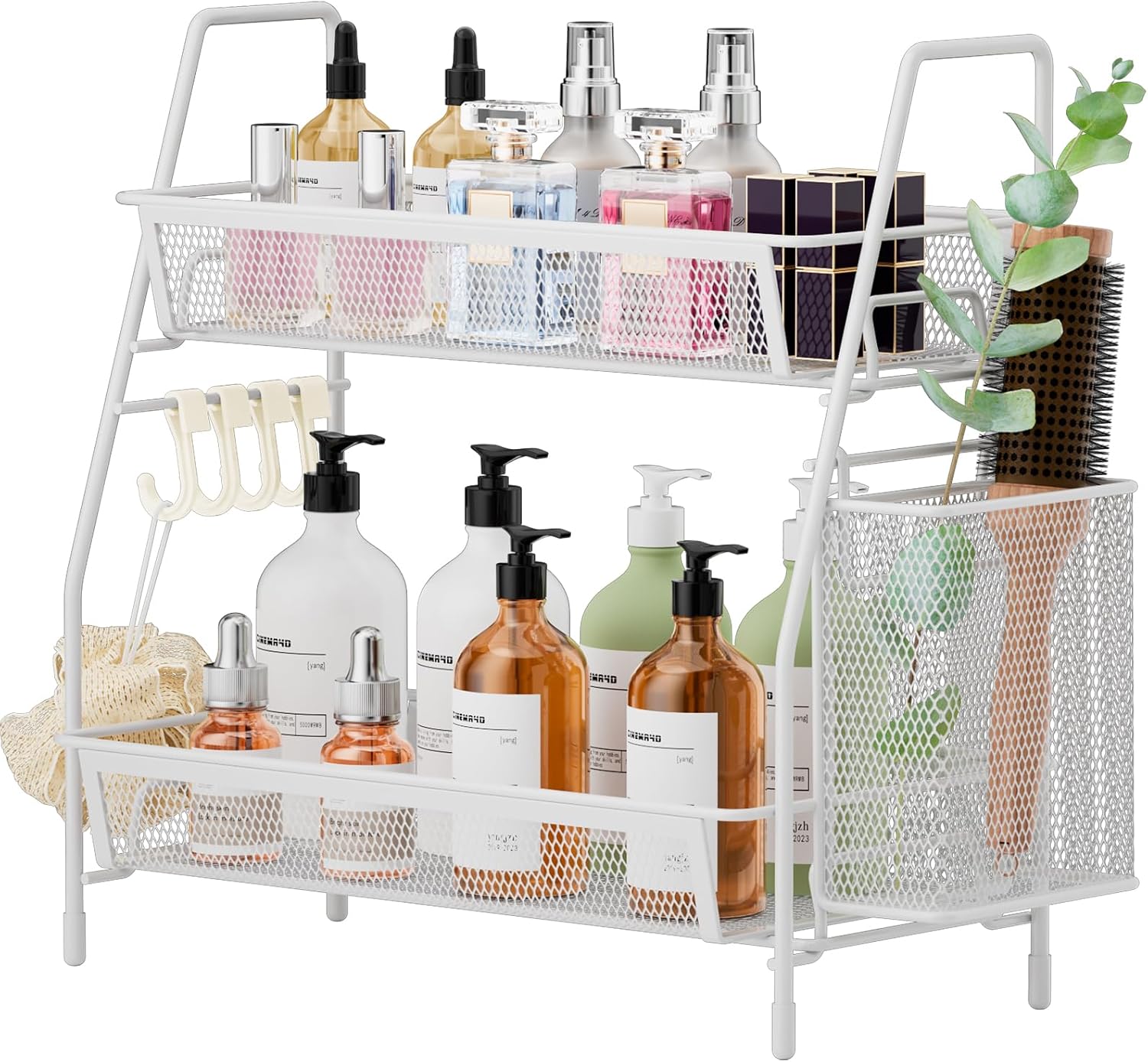 VITVITI Mesh Bathroom Organizer Countertop, 2-Tier Metal Bathroom Counter Organizer and Storage, Vanity Organizer Sink Shelf Kitchen Spice Rack with Basket and Hooks, Black