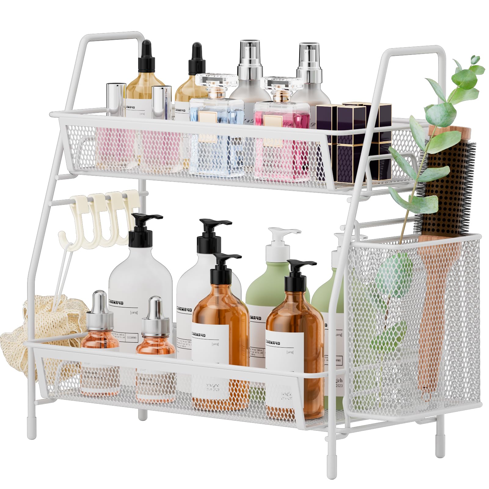 VITVITI 2-Tier Bathroom Organizer Countertop, Metal Wire Mesh Bathroom Counter Organizer Storage with Basket Hooks, Vanity Tray Shelf, Kitchen Spice