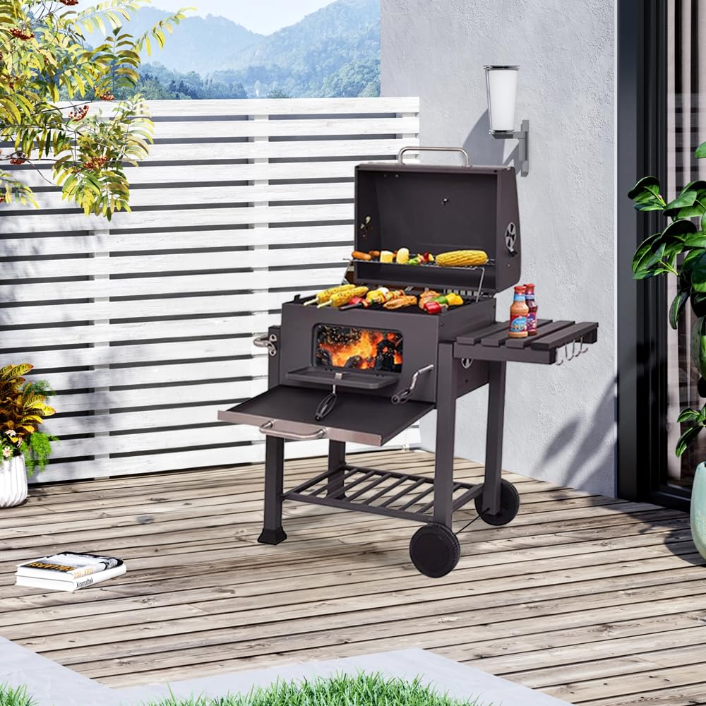 Stalowy grill węglowy z kółkami, grill węglowy z bocznymi półkami (107 x 115 x 68 cm)
