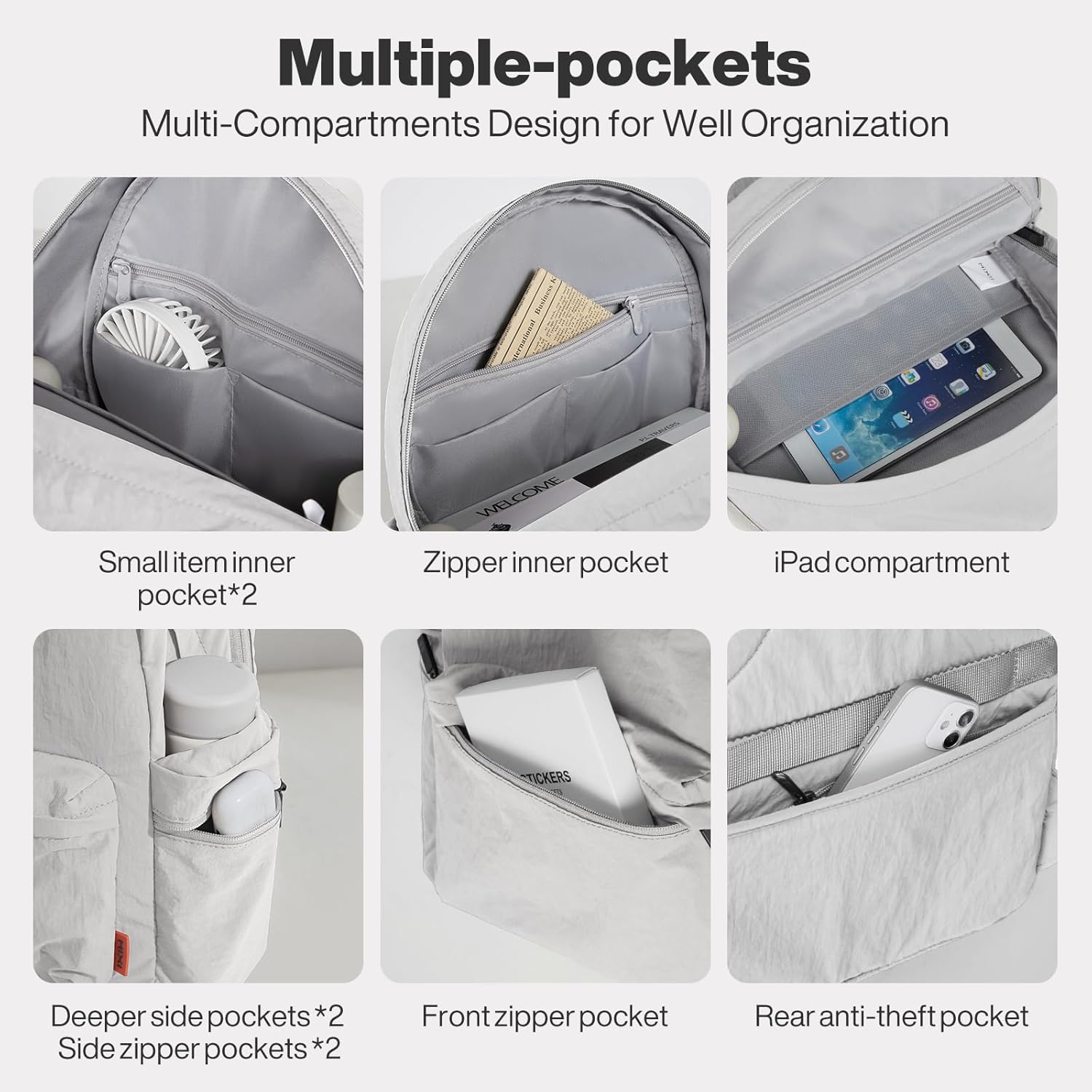 mixi Outdoor Lightweight Backpack Casual Carry On Laptop Backpack Travel Bookbag for Women Men, Water Resistant Durable Small Hiking Bag for Camping Weekender Sports College Work, 15 Inch, Light Gray - Image 9