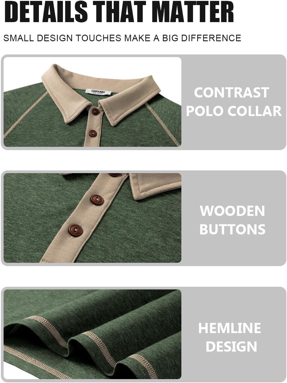 COOFANDY Mens Long Sleeve Polo Shirts Casual Button Collared Shirts Raglan Golf T Shirt - Image 5
