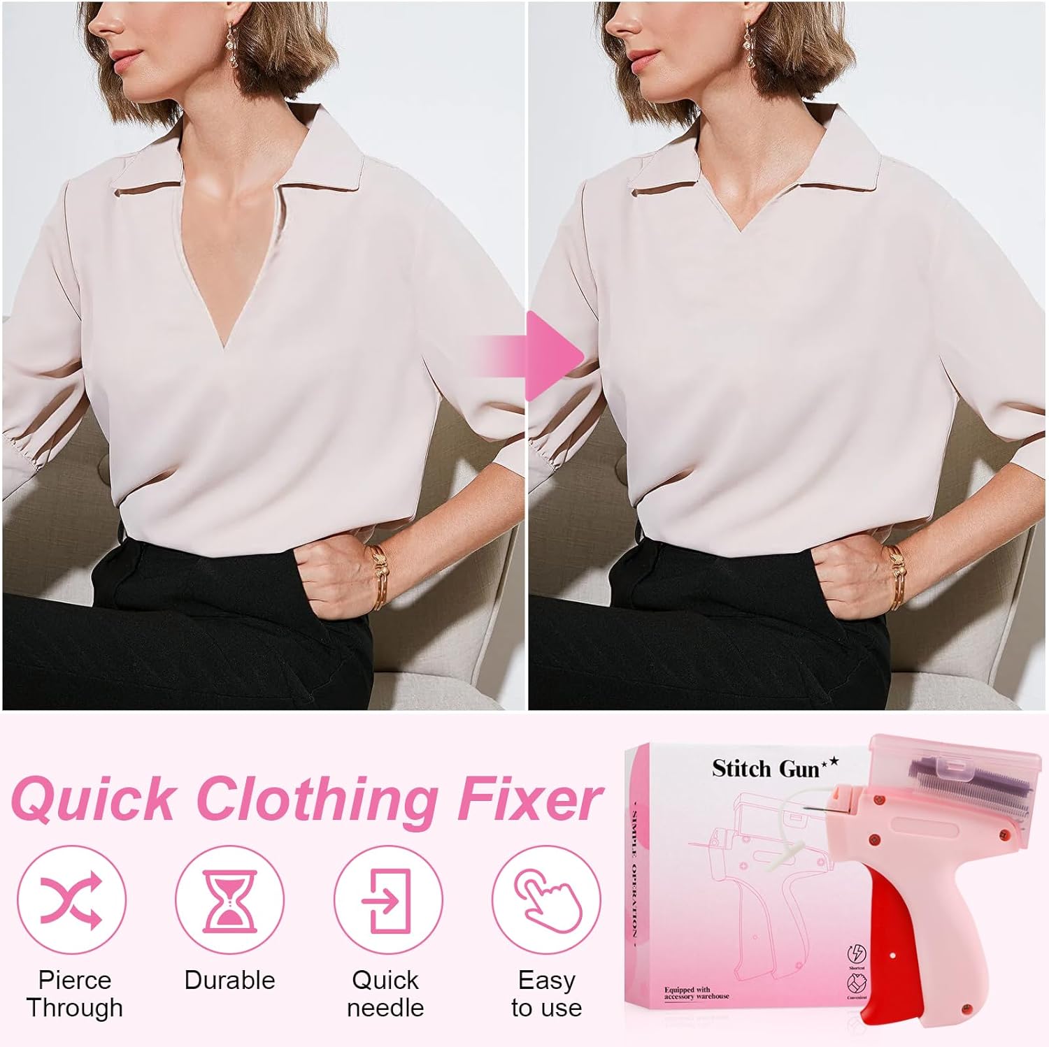 Stitch Gun for Clothes, Tagging Gun for Clothing, Stitchy Micro Stitch Gun with Case, Includes 5 Needles, 500 Black & 500 White Micro Fasteners, 100 Silicone Stickers (Pink) - Image 3