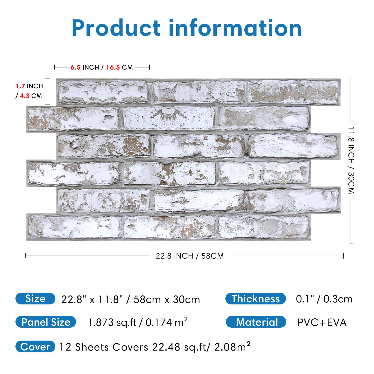 COMSTICKC Mattoni 3D Adesivi Murali, 12 Pezzi, 58 x 30cm, Alta qualità PVC Pannelli Adesivi per Pietra 3D, Pannelli Decorativi per Soggiorno, Bagno, Cucina