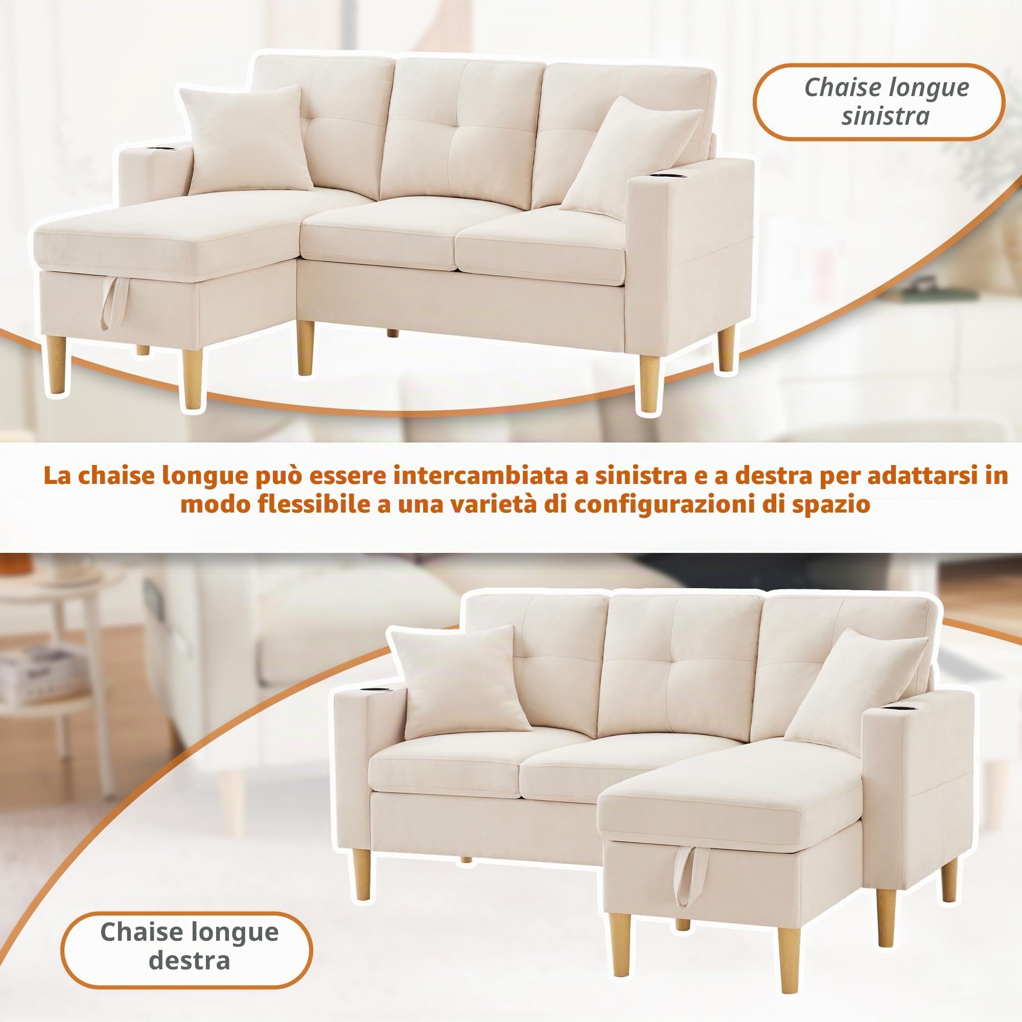 Azkoeesy Divano Angolare a Forma di L 3 Posti con Chaise Longue e Spazio di Archiviazione, Portabevite e 2 Cuscini, per Soggiorno e Ufficio 175x129x90 cm (Beige)