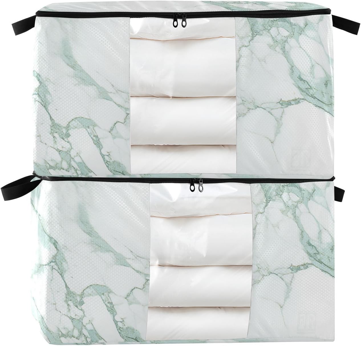 Light Green Luxury Marble Texture 60/95 L zippered container with lid with Reinforced Handles, clear window organizer for clothes for Blankets, Comforters, and Clothes