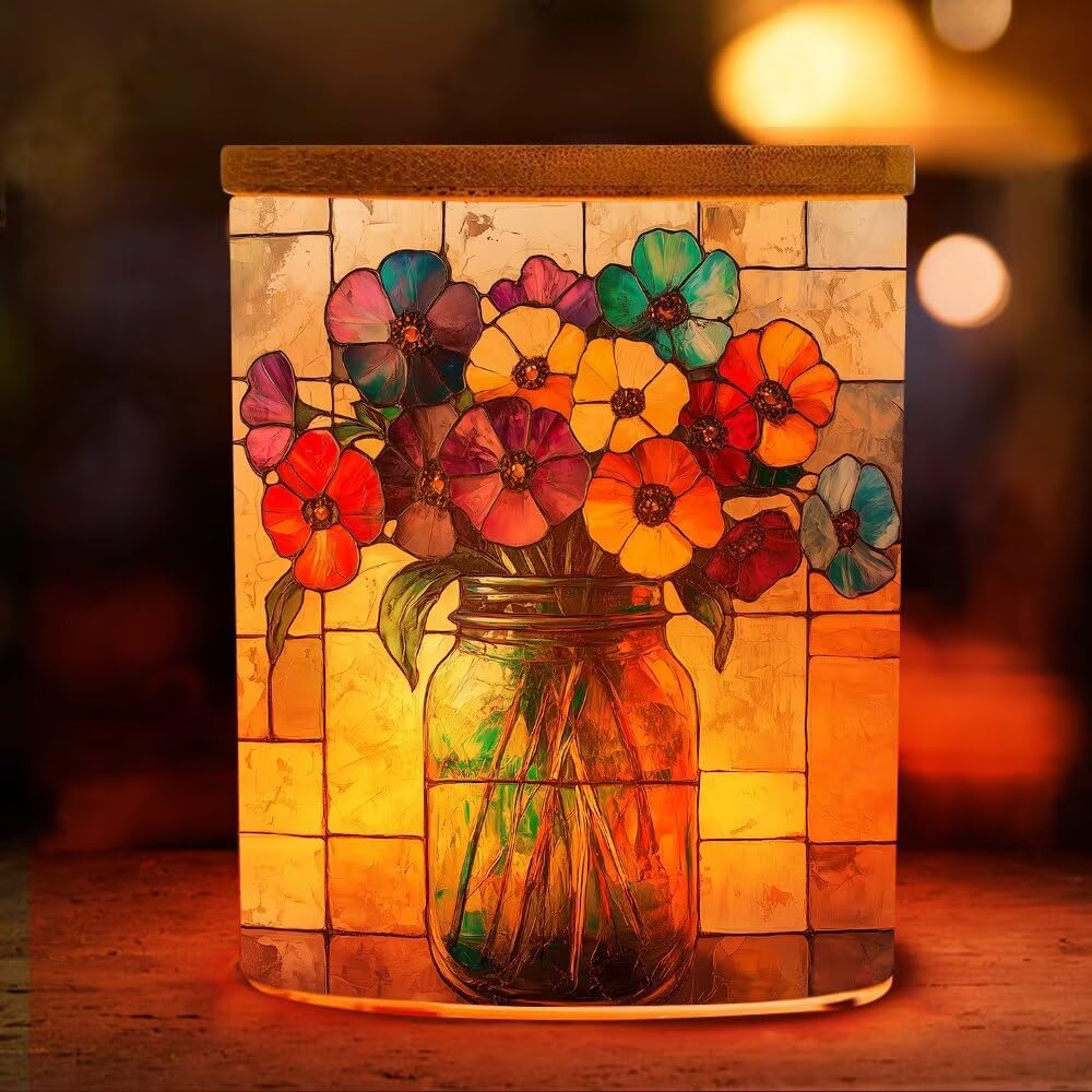 Vase Flowers Graphic Printing Glass LED Candle Holder,Votive and Tealight Candle Holder,LED Candle Trinket Jar,Holiday Decor 2.8D x 3.5H inches