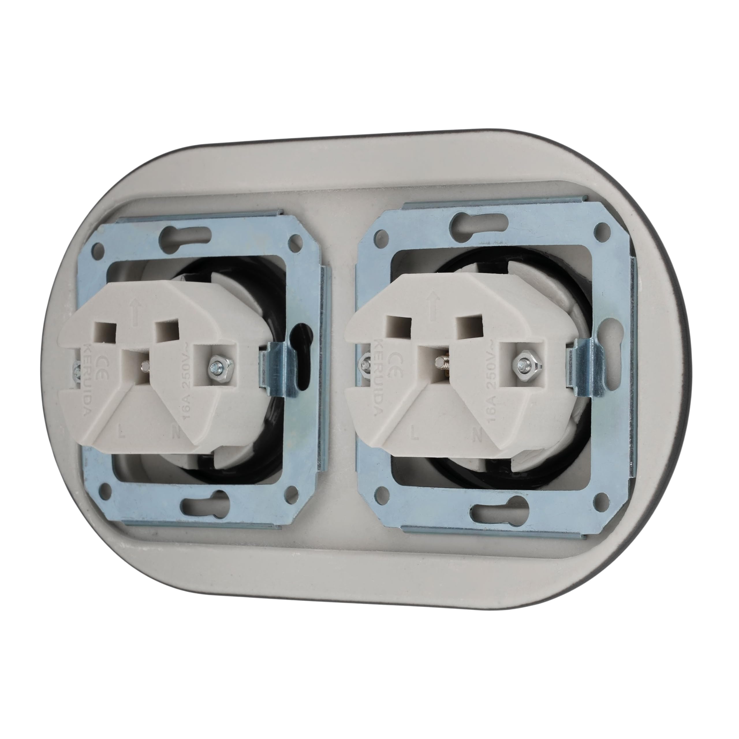 Unterputz Porzellan Retro Steckdose 2-fach, All-in-One, SET Serie PR1 dunkelgrau