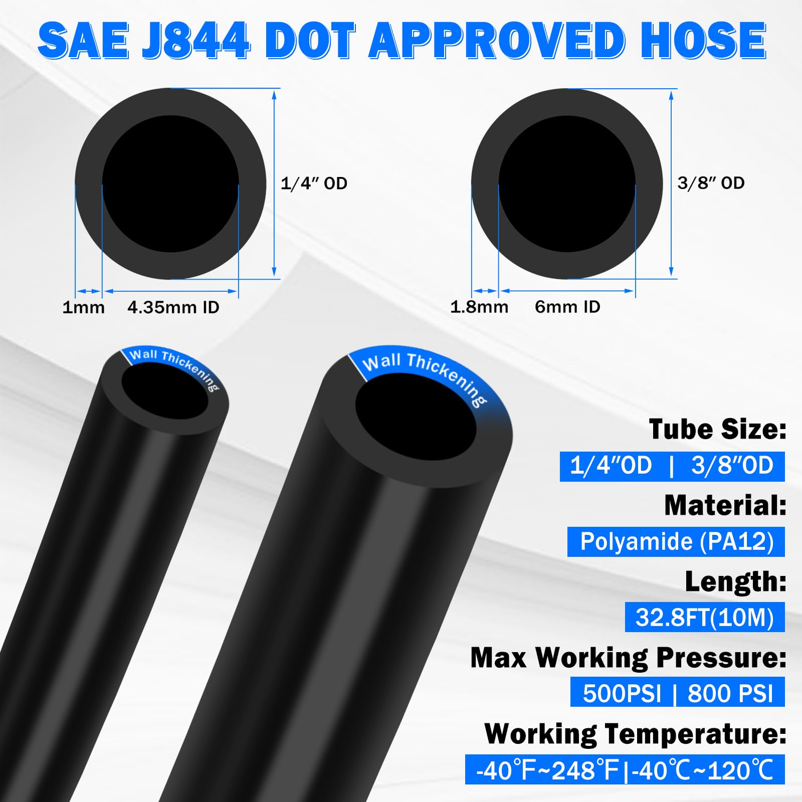 Kit de tubos de línea de aire, accesorios de conexión rápida de línea de aire de 1/4 pulgadas de diámetro exterior x 32.8 pies y 3/8 pulgadas de diámetro exterior x 32.8 pies (10 m) y 3/8
