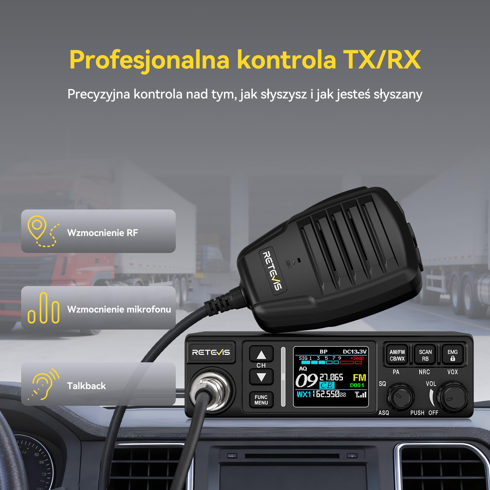 Retevis MB63B Radio CB z anteną, AM/FM, Kolorowy Wyświetlacz Lcd, Redukcja Szumów Nrc, Ctcss/Dcs, Vox, 40 Kanałów, Emg 9/19 Kanałów, Radio Cb Dla Zespołów Terenowych (1 Sztuka, Czarne)