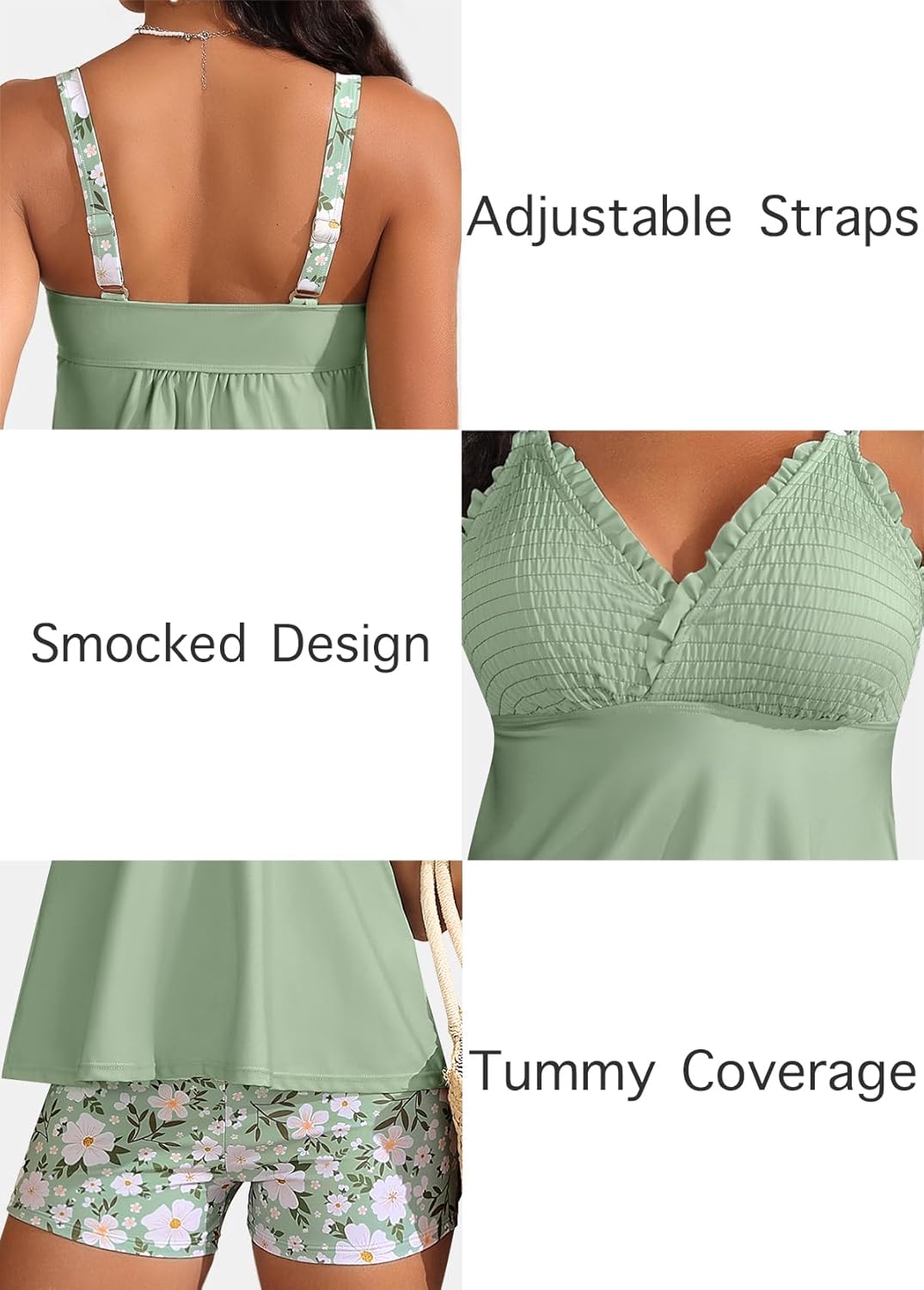 ROSEWE Womens Tankini Bathing Suits, Two-Piece Smocked Swim Dress, Print Swimsuits with Board Shorts - Image 6