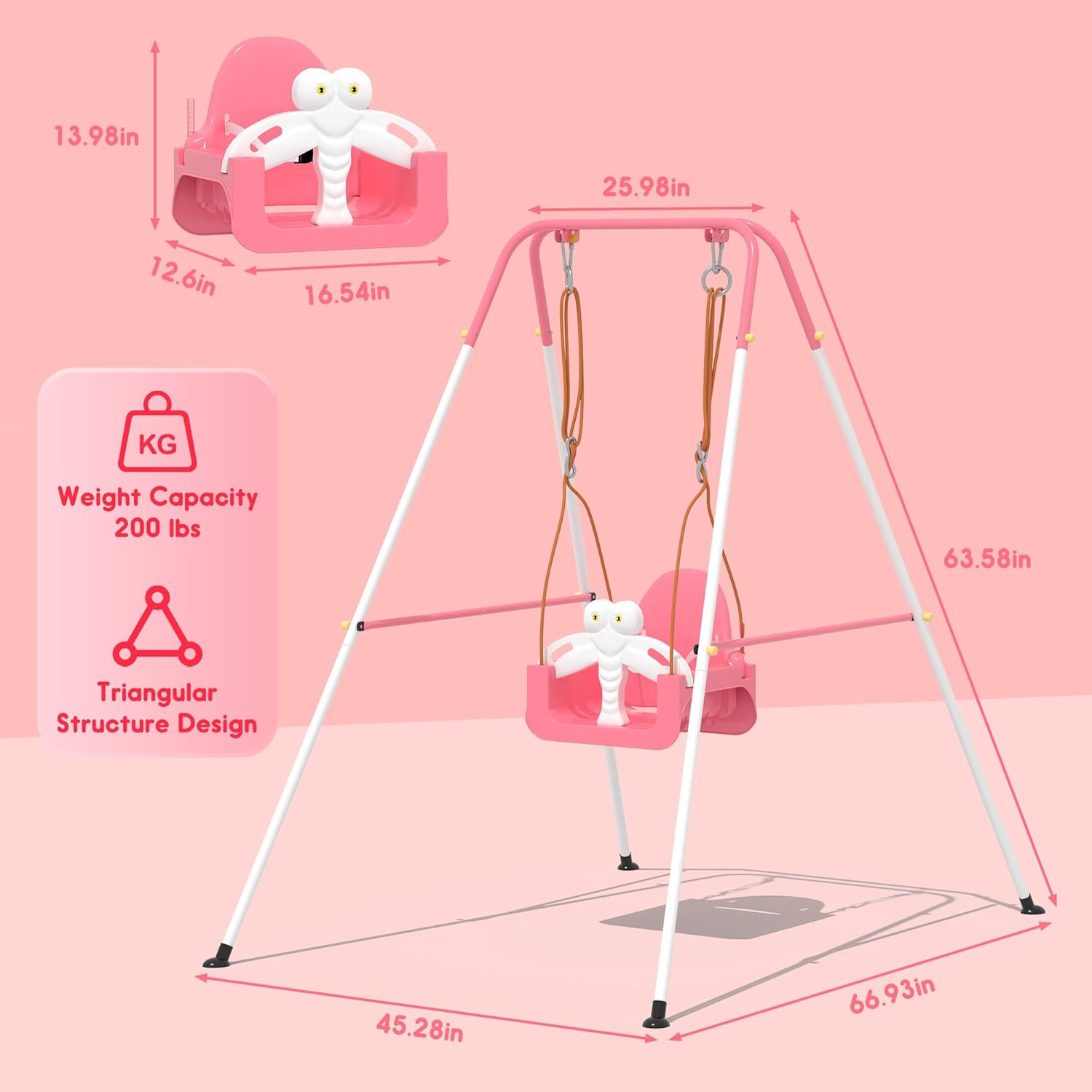 Toddler Swing Set with Metal Stand, 3-in-1 Baby & Kids Swing Seat for Indoor Outdoor Play, Safety Harness, Freestanding Swing for Nursery, Backyard or Playroom, Pink & White