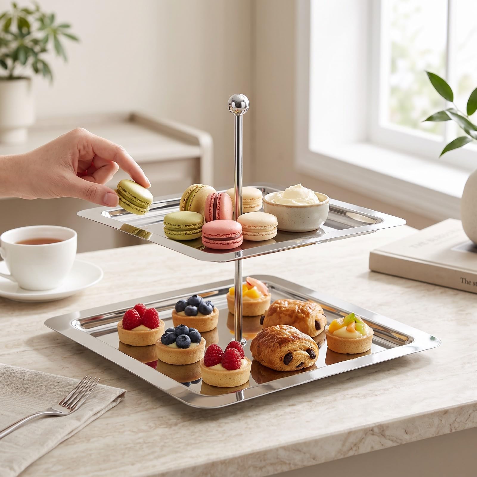 Pssopp Vassoio da Dessert in Acciaio Inox, Servitoio Rettangolare a 2 | Finitura a Specchio, Resistente e Facile da Pulire, Design Salvaspazio, Ideale per Torte, Frutta e pasticceria.