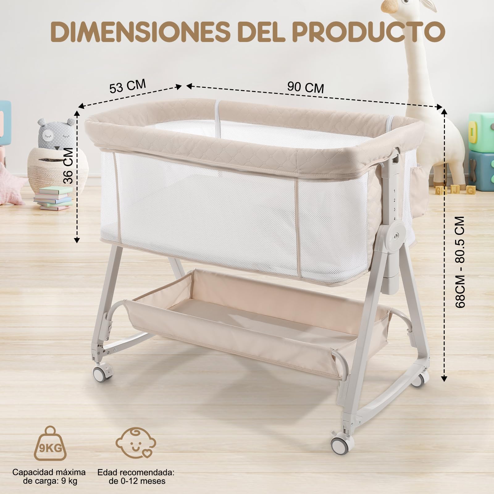 Cuna Colecho 4 en 1 para Bebé, 6 Alturas Ajustables, Moisés con Ruedas, Cuna Portátil con Malla Transpirable, para Recién Nacidos 0–12 Meses, Beige