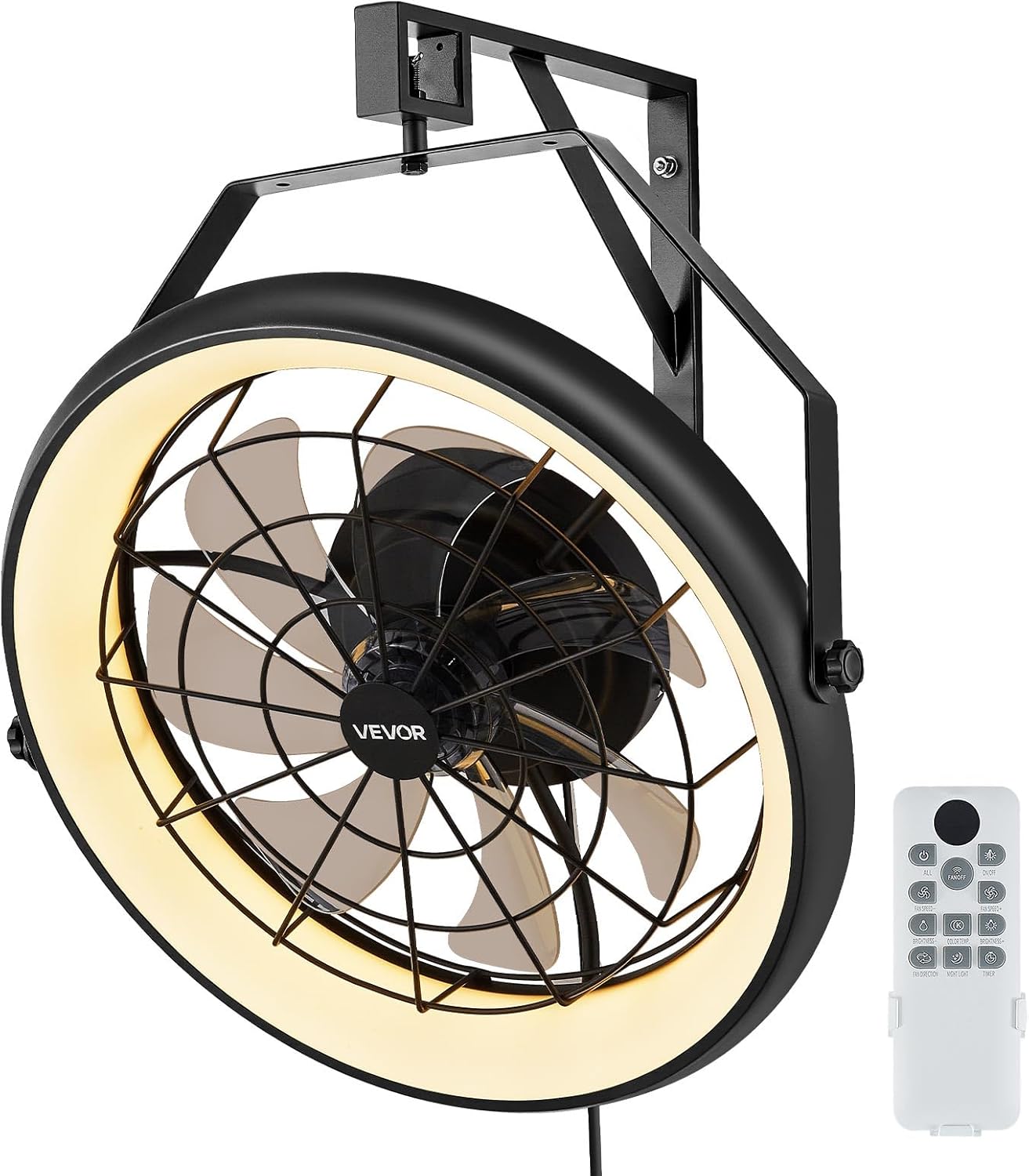 VEVOR 22 Inch Wall Mounted Fan with Lights, Remote Control, 6-Speed Plug-in Fan with Reversible Airflow, Dimmable 3-Color Light, Timer, 360° Tilt for Workshop, Patio, Home