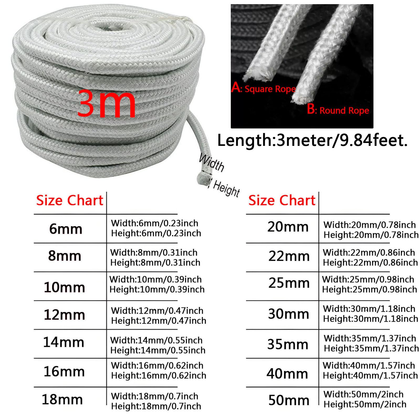 Corda di tenuta piatta in fibra di ceramica, resistente alle alte temperature, per stufe, camini, porte, 8 mm, 3 m