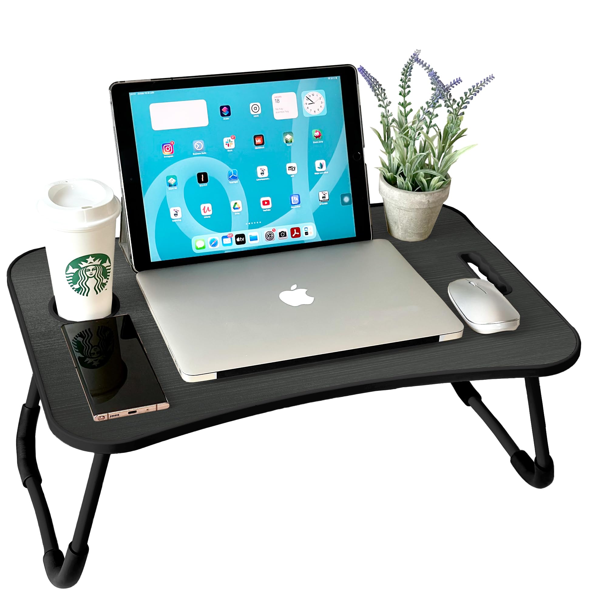 unycos - Bandeja para Cama, Mesa Plegable de Desayuno, Multiusos, Ideal para Portátil, Ordenador y Libros, Ergonómica, Mesa Auxiliar con Atril para Leer en la Cama 60x40x26 cm (Negro/Gris sin Cajón)