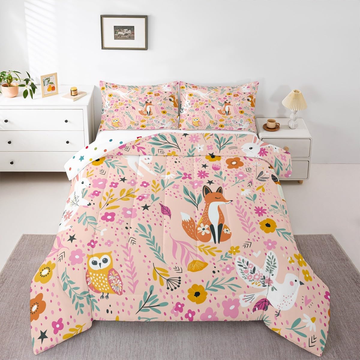 Erosebridal Fox Bedding Set Cute Rabbit Quilt for Kids Toddler,Woodland Wild Animal Queen Comforter Set Botanical Boho Floral Duvet Insert,Jungle Plant Leaves Kawaii Room Decor Pink