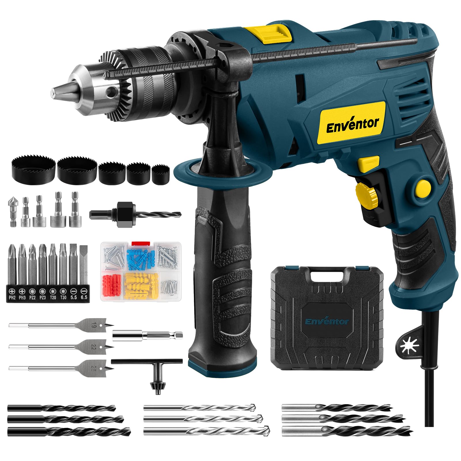 Enventor Taladro Percutor con Cable 900W, 37 Accesorios, Función 2 en 1, Velocidad Variable 0-3000RPM, Mango Auxiliar de 360°, Portabrocas de 13MM, para Concreto, Metal y Madera