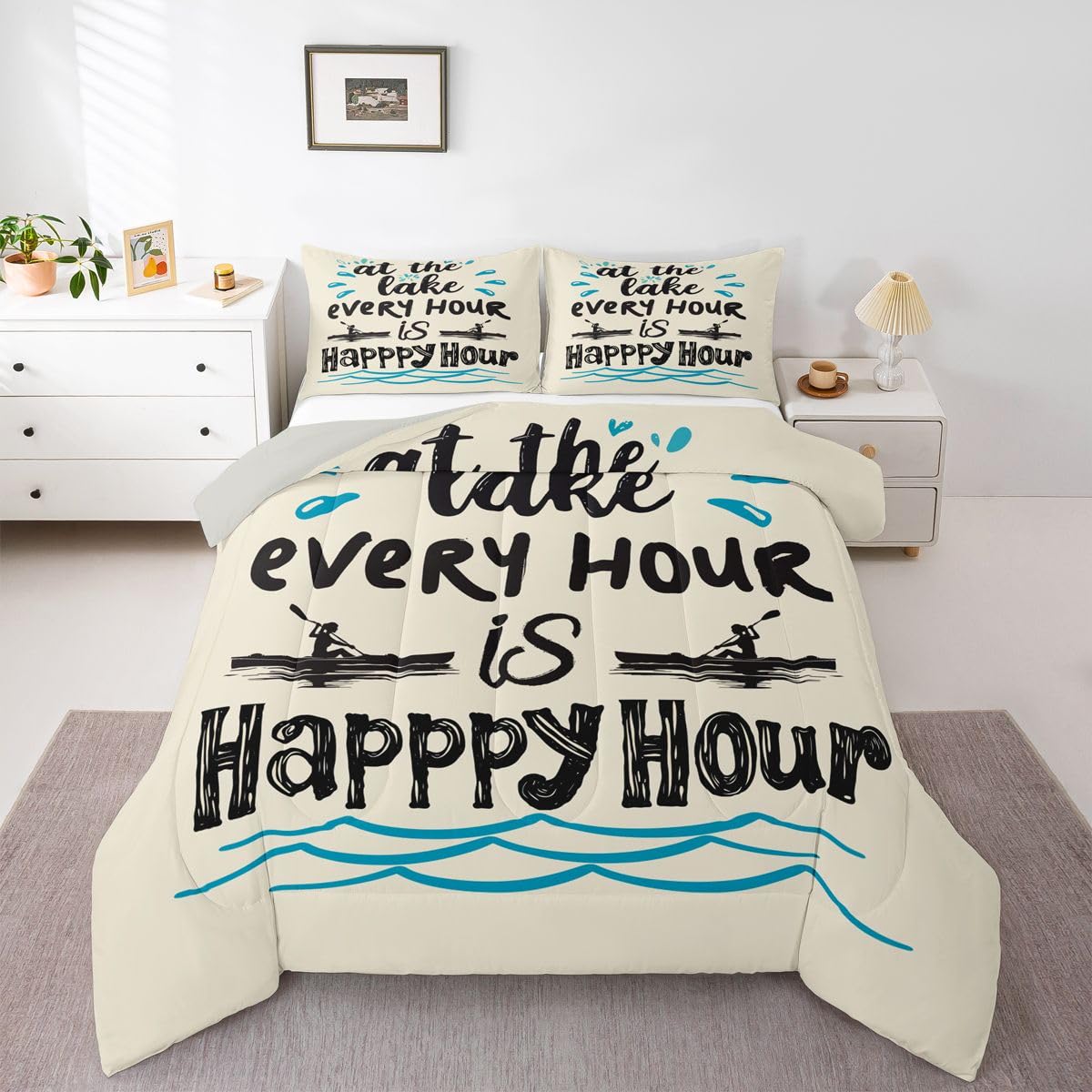 Erosebridal Lake House Decor Comforter Set, Farmhouse Paddle Bedding Set Queen Size, Rustic Fishing Duvet Insert for Kids Teens Adult, Lake Cabin