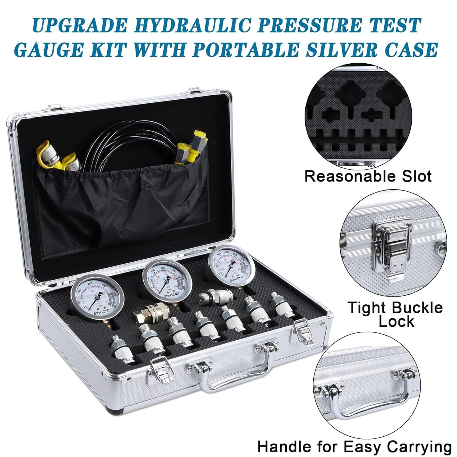 Kit di Prova della Pressione idraulica 25/40/60 Bar Kit di manometro per Prova idraulica Manometro con Custodia in Lega di Alluminio Argentato Utilizzato per escavatori, 2 Anni