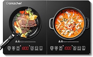 AMZCHEF Double Induction Hob, Induction Cooker with Portable Ultra-thin Body, Independent Control,10 Temperature, Multiple Power Levels, 2800W, 3-Hour Timer, Safety Lock