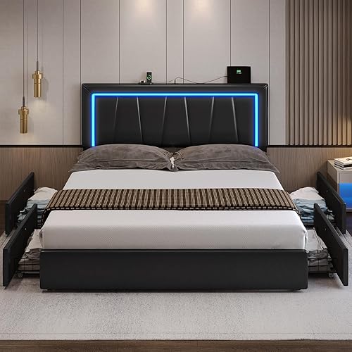 Miniatura 38 de DICTAC Base de cama de tamaño matrimonial con cabecera y 4 cajones de almacenamiento, moderna plataforma tapizada de piel sintética, marco de cama