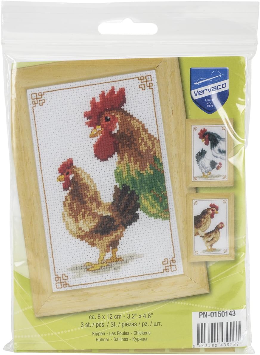 Vervaco Chickens Miniatures on Aida Counted Cross Stitch Kit, 3.25" by 4.75"