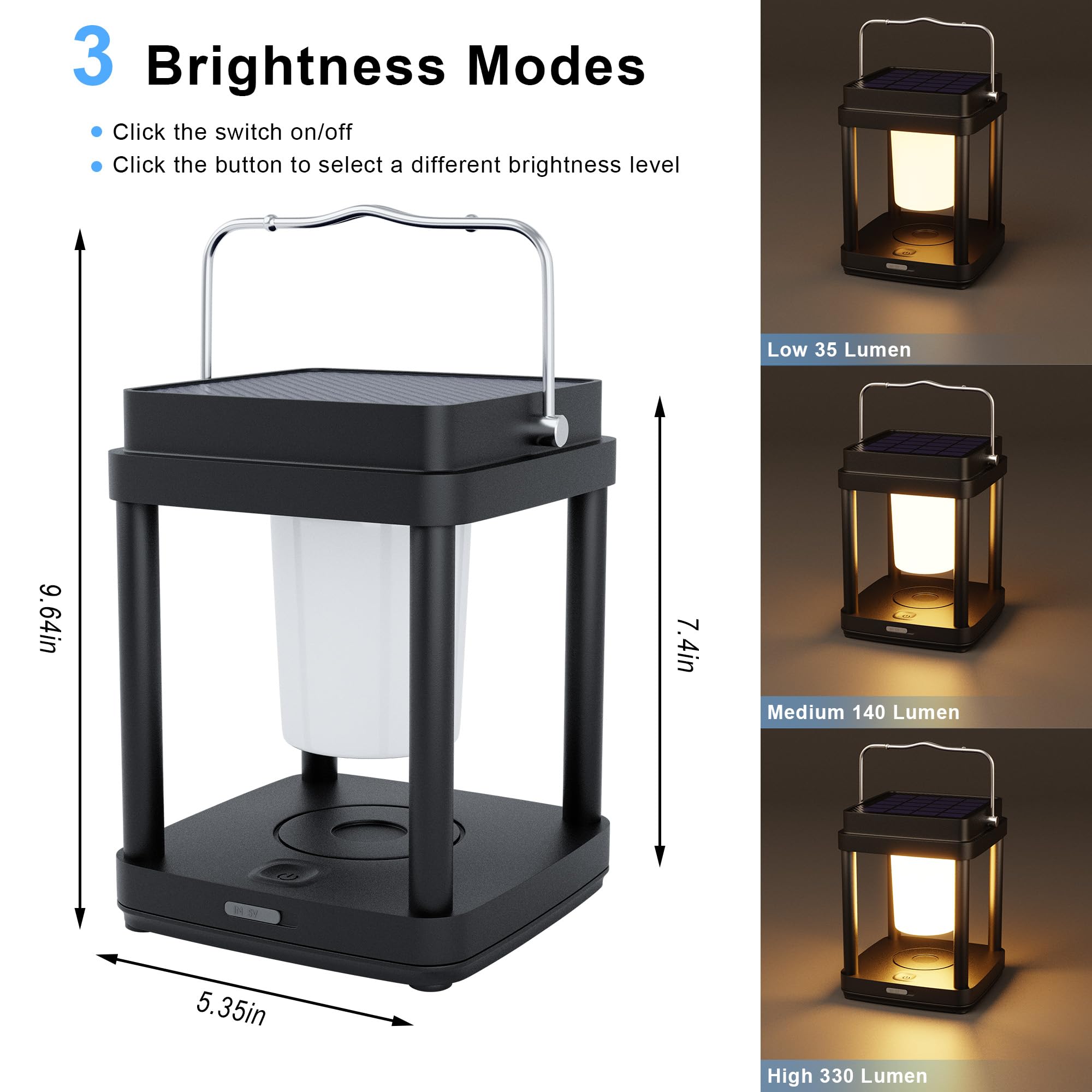 Lanterne solaire d'extérieur sans fil avec contrôle tactile, lanternes solaires étanches rechargeables pour lecture, marche, camping