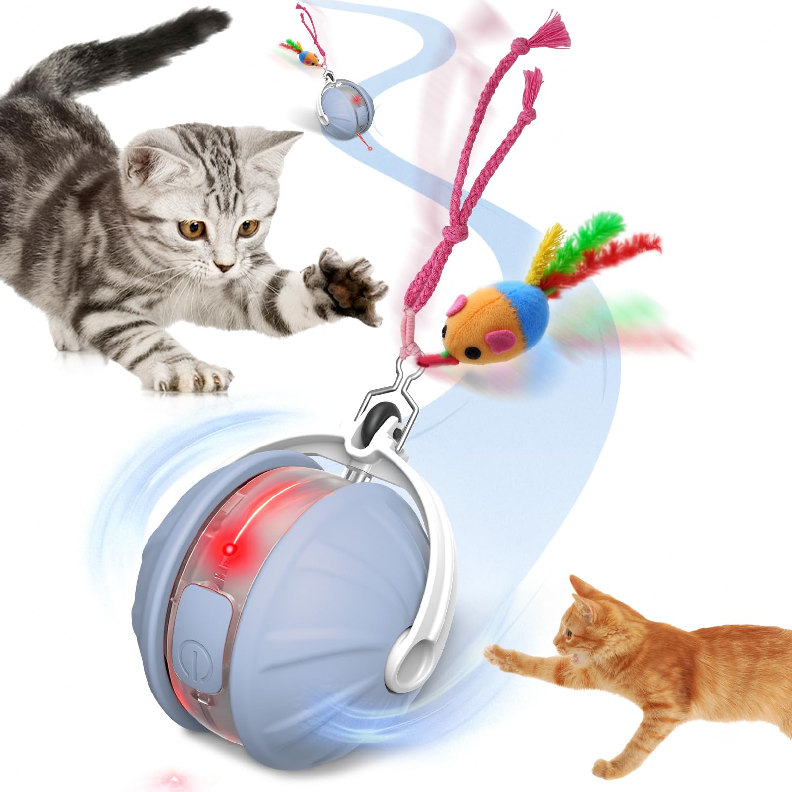 Automatic Interactive Cat Toys for Indoor Cats, USB-C Rechargeable Self-Rolling Ball Toy ‌‌with Smart Obstacle Avoidance & LED Light, Switchable Bird Chirps ‌for Hunting Self-Play on All Floors, Blue